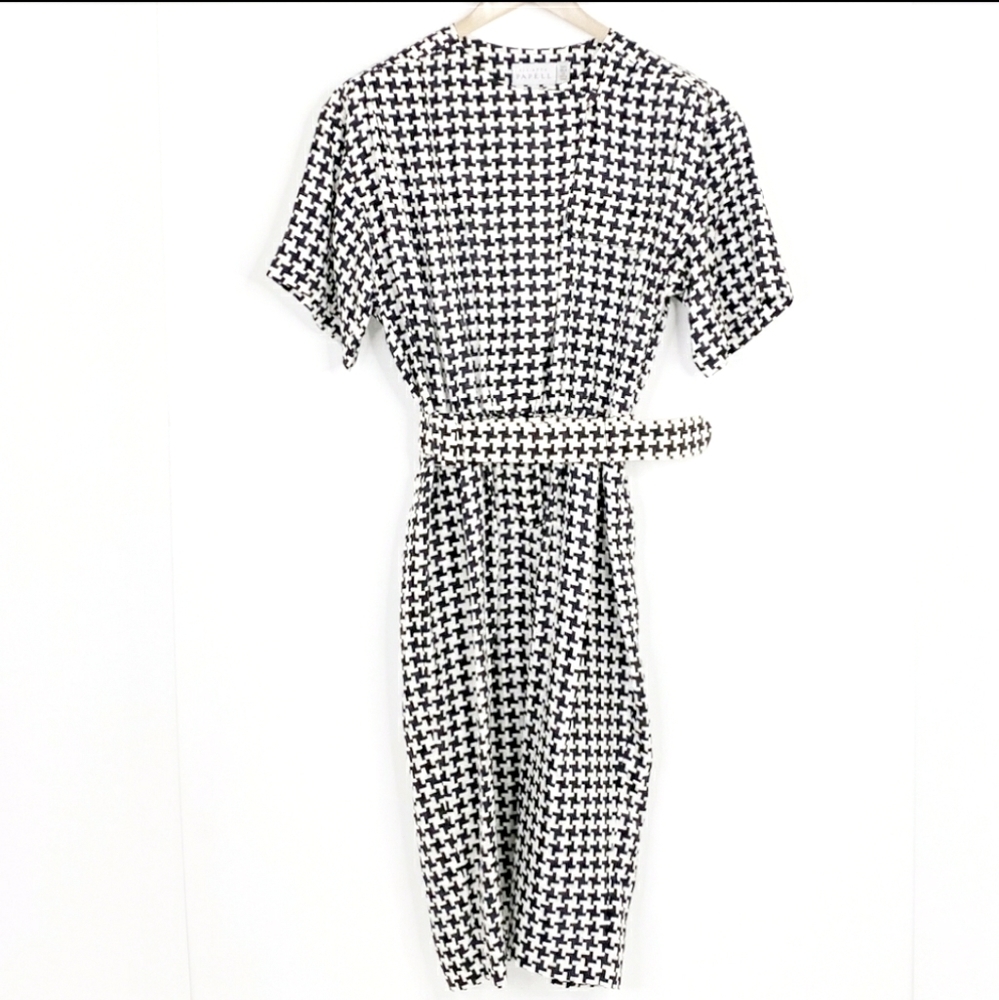 Adrianna Papell Belted Silk Houndstooth Dress